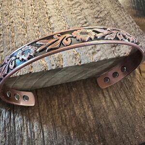 Boho Copper Floral Cuff Bangle Bracelet, Arthritis Relief, Gift Box